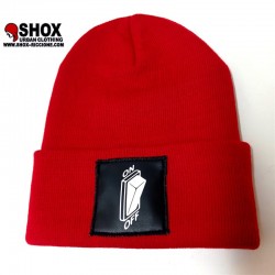 Beanie ON OFF red Sbam, patch nera stampata e logo dietro sbam clothing.