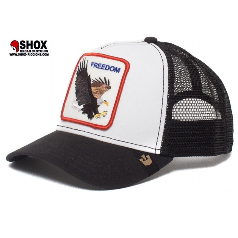 Freedom black/white Trucker, patch ricamata frontale con aquila su base bianca.