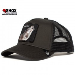 Lone Wolf black Trucker, patch ricamata frontale con lupo su base nera.