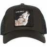 Lone Wolf black Trucker, patch ricamata frontale con lupo su base nera.