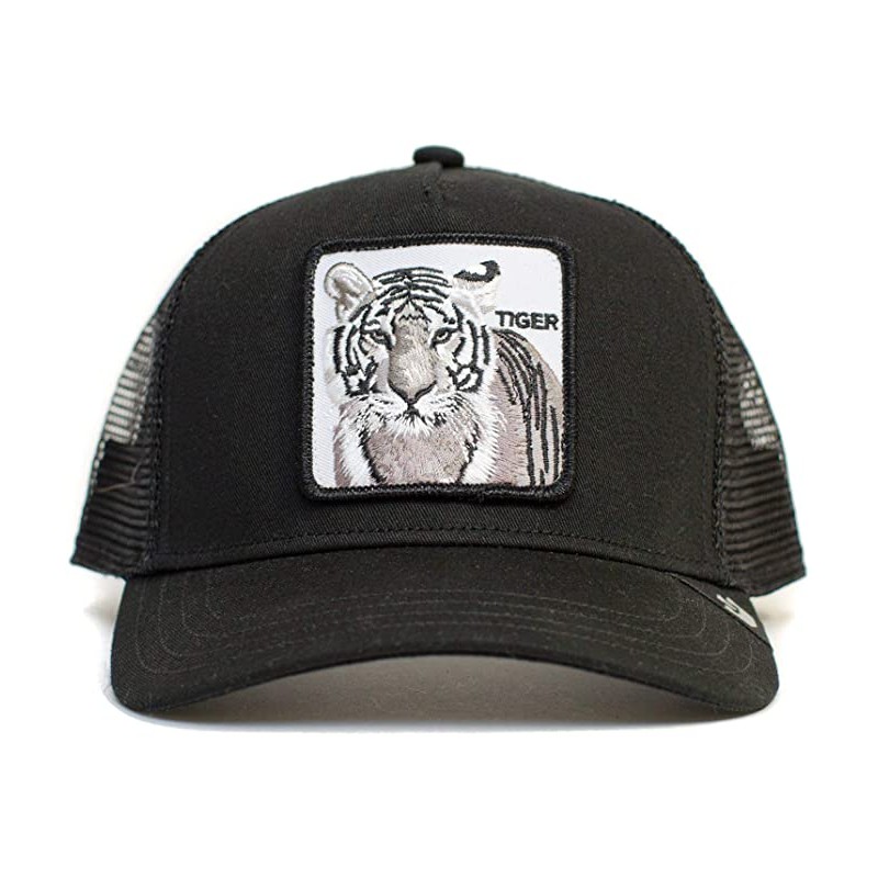 White Tiger black Trucker, patch ricamata frontale con tigre su base bianca.