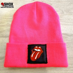 Beanie Rolling Neon Pink Sbam, patch nera ecopelle stampata + dietro etichetta sbam clothing.