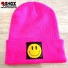 Beanie Smile Neon Pink Sbam, patch nera ecopelle stampata + dietro etichetta sbam clothing, lavaggio 30°