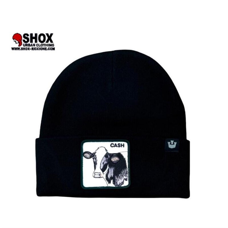 Cash Black Beanie, patch su base bianca ricamata frontale con mucca, etichetta brand a lato. Lavaggio 30°