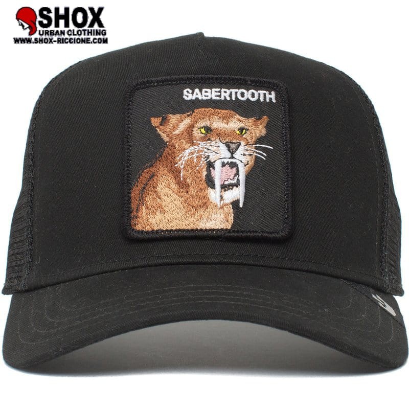 Sabertooth Black Trucker, patch ricamata frontale con tigre dai denti a sciabola su base nera