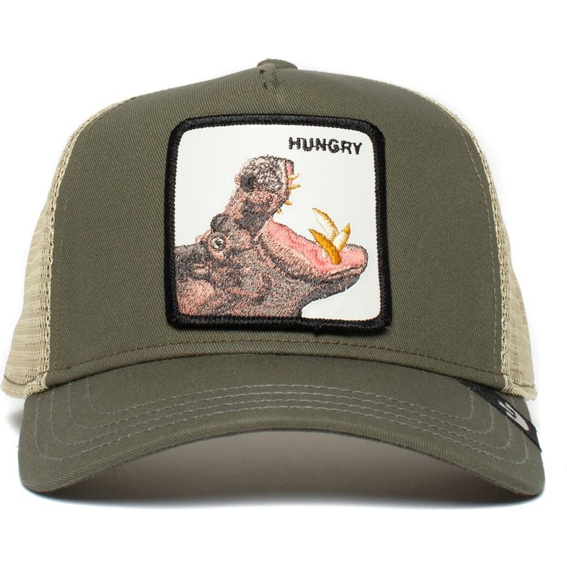 Hungry Olive/beige Trucker, collezione safari, patch ricamata frontale con ippopotamo su base bianca, etichetta su visiera